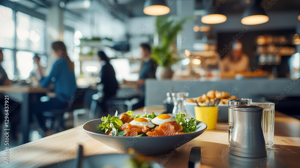 A plate of cured salmon with eggs sits on a table in a restaurant. It's a healthy meal choice in a social dining setting. A plate of cured salmon with eggs sits on a table in a restaurant. It's a healthy meal choice in a social dining setting.