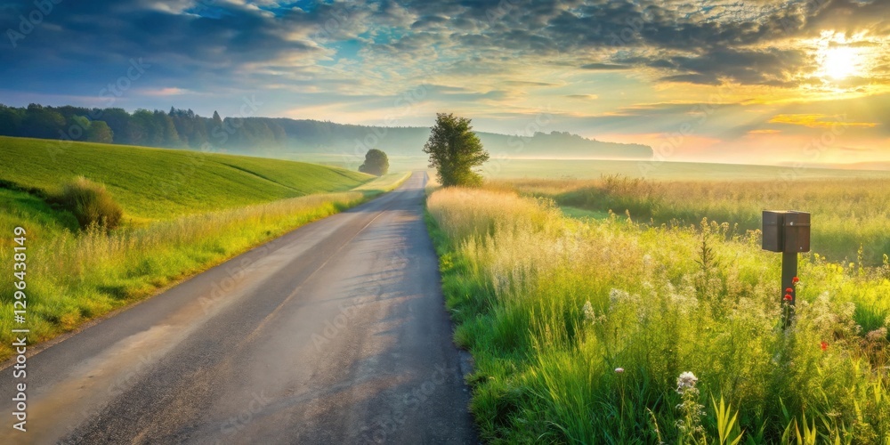 Fototapeta premium Serene Sunrise on a Country Road with Lush Green Fields and a Solitary Post
