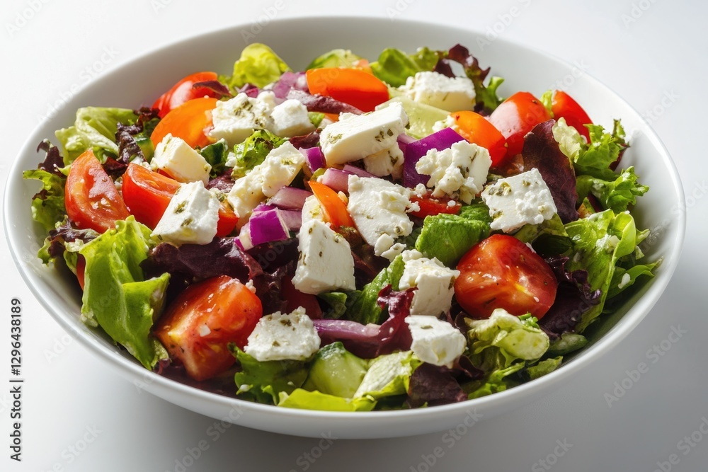 Colorful Greek salad in a bowl, with tomatoes, spinach, feta cheese and olives, ready to eat. Colorful Greek salad in a bowl, with tomatoes, spinach, feta cheese and olives, ready to eat.