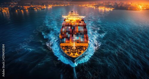 A cargo ship laden with numerous containers is sailing smoothly through tranquil waters during the twilight hour, heading towards a bustling city illuminated by evening lights
