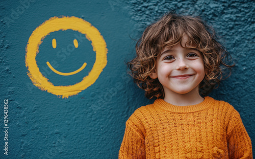 A child stands beside a vibrant blue wall adorned with a yellow smiley face. Dressed in a cozy orange sweater, the child beams with joy, radiating happiness