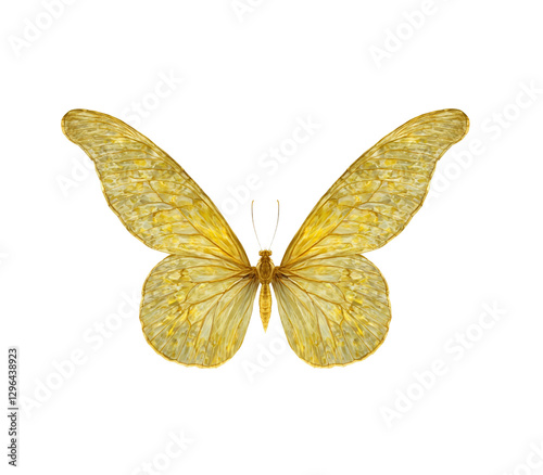 A realistic yellow butterfly with delicate wings, intricate vein patterns, and a soft gradient of golden hues. Transparent background