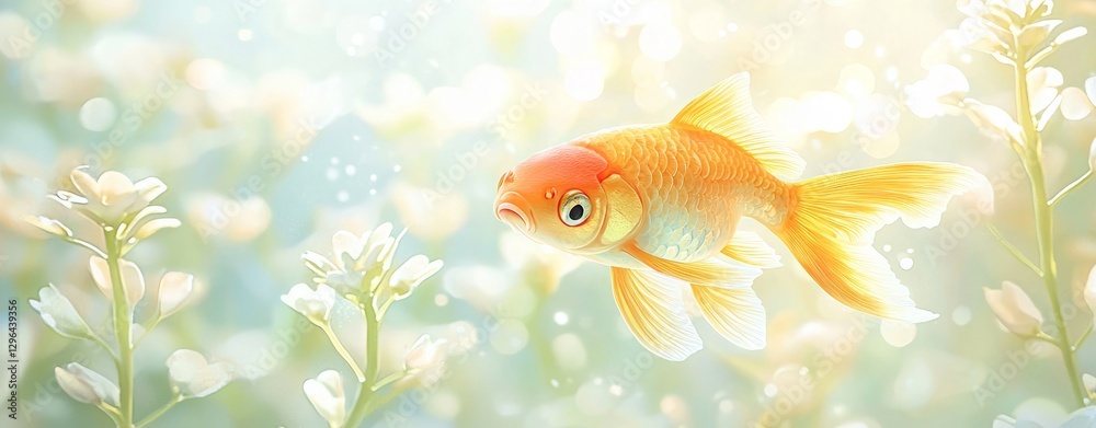 Fototapeta premium Pet influence social media entertainment advertising. A vibrant goldfish swims gracefully among soft, ethereal flowers in a tranquil underwater scene, creating a serene and dreamlike atmosphere.