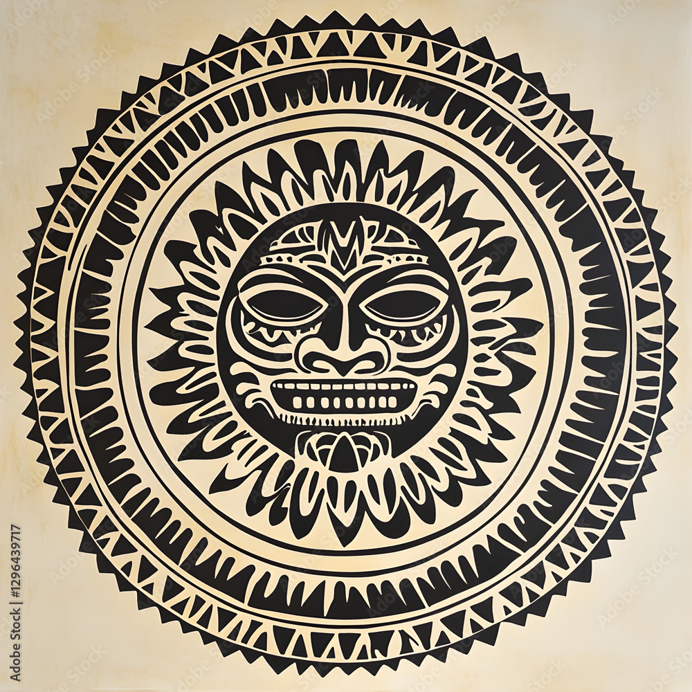 A mandala that is in Polynesian style and features a tiki face in the center A mandala that is in Polynesian style and features a tiki face in the center