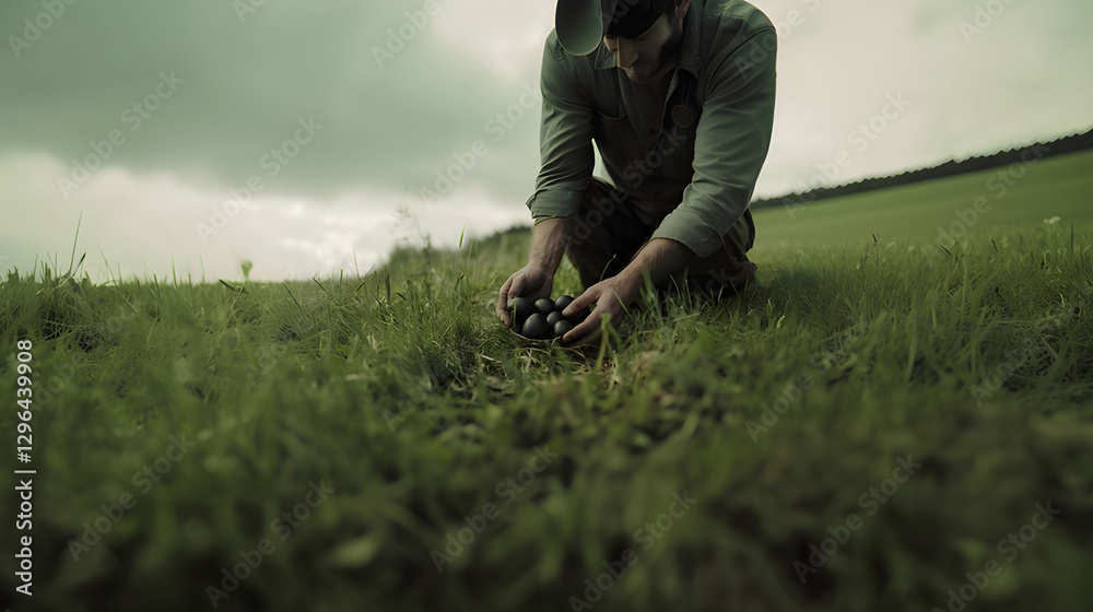 A farmer in a grassy field is picking black eggs A farmer in a grassy field is picking black eggs