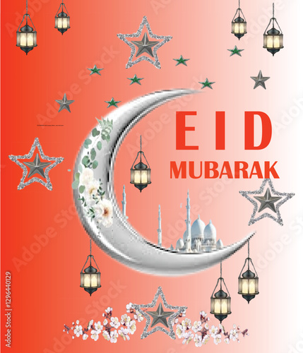 EID MUBARAK with mosque, laltern , stars and moon photo