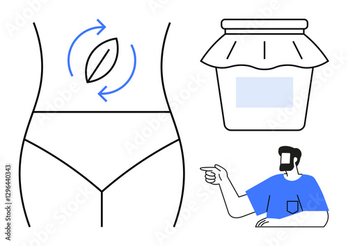 Female torso with detox leaf, cream jar, and pointing person. Ideal for wellness, skincare, detoxification, health, organic products lifestyle natural remedies. Abstract line flat metaphor