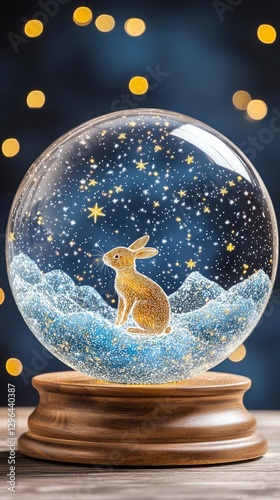 Pet influence social media entertainment advertising. A beautifully detailed snow globe featuring a golden rabbit amidst a snowy landscape and sparkling stars, set against a dreamy blue background.