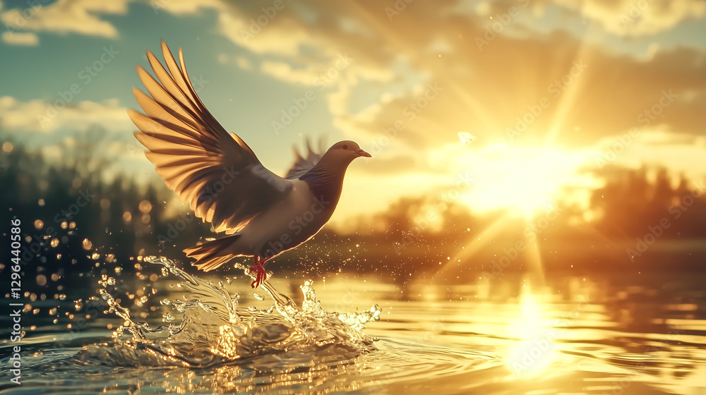 Fototapeta premium Bird taking flight from water at sunrise, wings spread wide, creating a splash in golden light, embodying freedom and new beginnings.