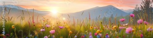 Panoramic view of a beautiful meadow with wildflowers in the mountains at sunset. Summer landscape with white daisies and grass, in the style of a banner format