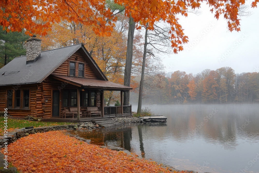 Obraz premium Autumn Cabin on Misty Lake