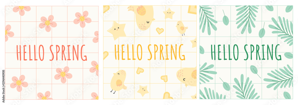 Obraz premium Hello Spring Illustration with Flowers, Chicks, and Leaves