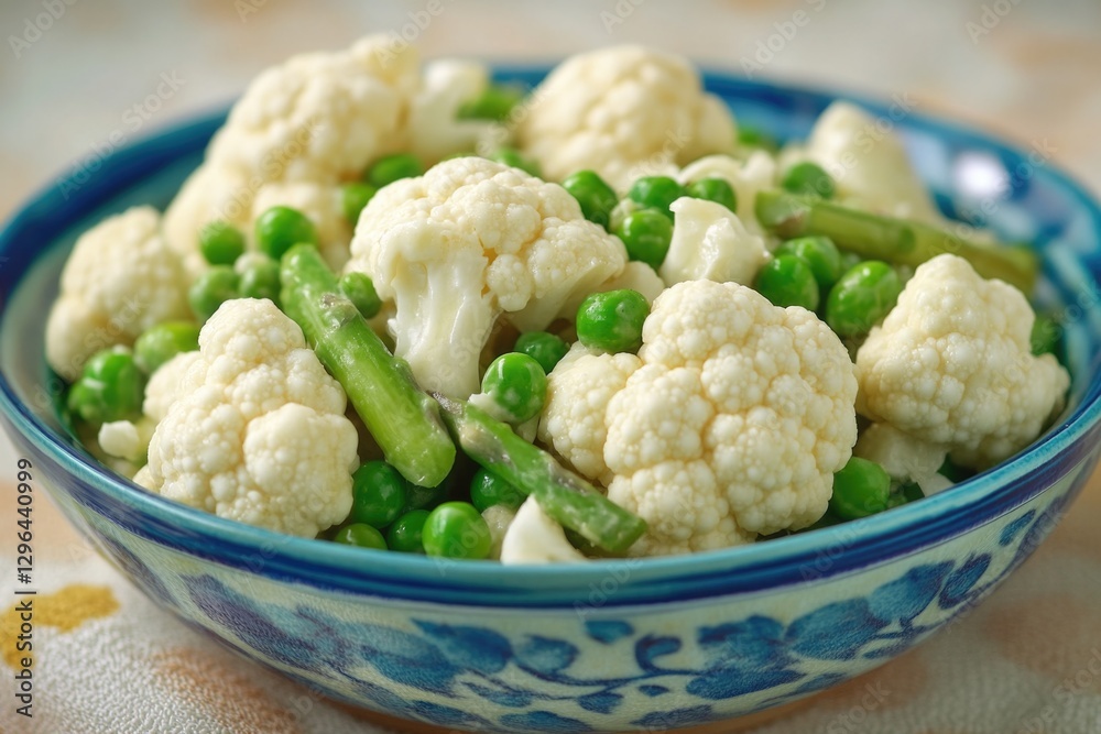 A bowl of mixed vegetables including cauliflower, peas, and asparagus. The bowl is blue and white A bowl of mixed vegetables including cauliflower, peas, and asparagus. The bowl is blue and white