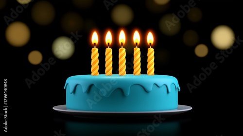 3D blue birthday cake with candles isolated on a black background, front view, with a bokeh effect.