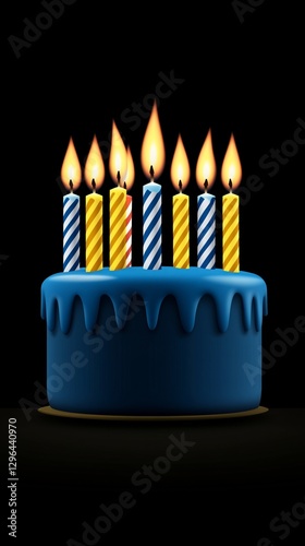  3D illustration of a blue birthday cake with candles, on a black background, in the front view.