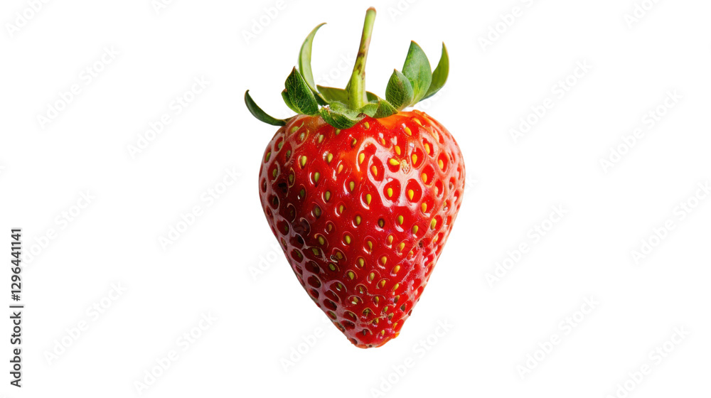 Ripe red strawberry hanging with green leaves on transparent background Ripe red strawberry hanging with green leaves on transparent background