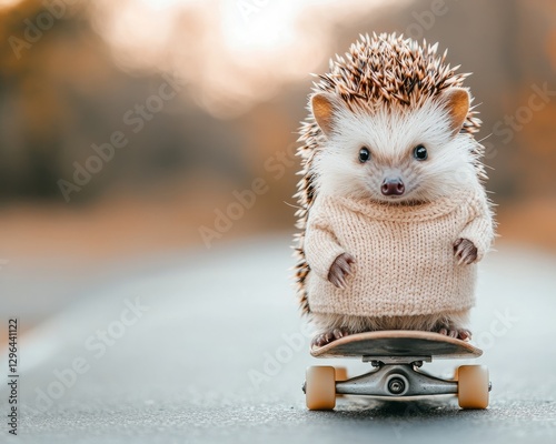 Wallpaper Mural Pet influence social media entertainment advertising. A cute hedgehog wearing a sweater skateboards on a road, surrounded by a soft, blurred autumn backdrop. Torontodigital.ca