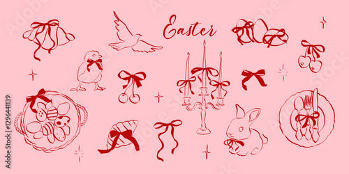 Hand drawn coquette Easter set. Vintage cute symbols with ribbon and bow in simple crayon and sketch style. Trendy art for menu and banner for holidays. Doodle outline vector illustration