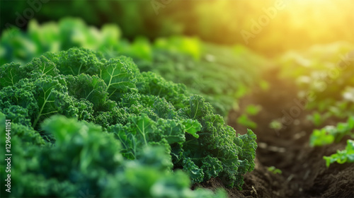 Fresh Green Kale Leaves in a Sunlit Field