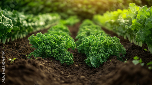 Fresh Green Kale Leaves in a Sunlit Field