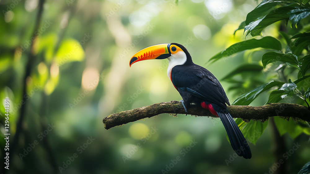 Fototapeta premium Toucan perched on branch in lush green rainforest