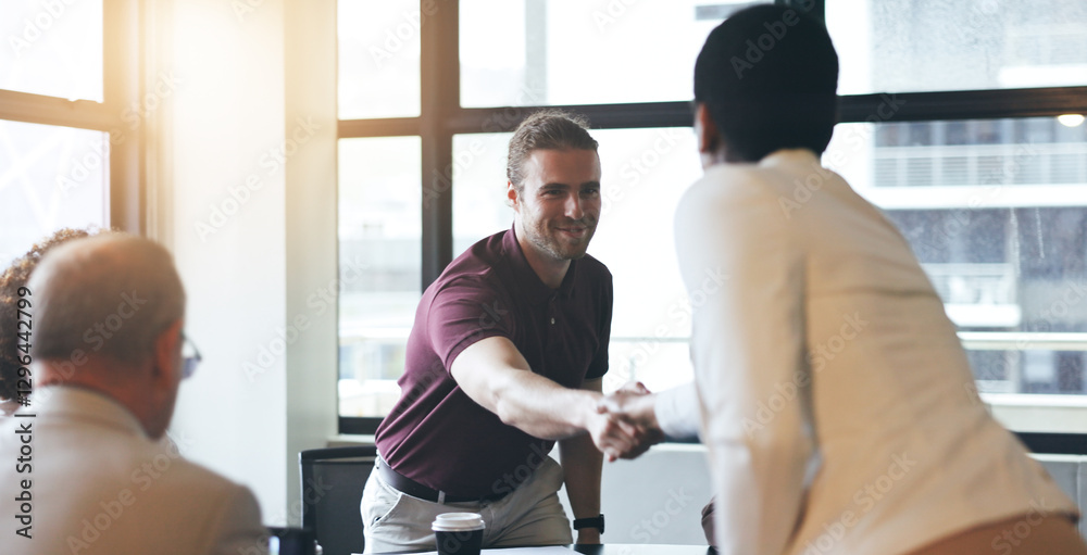 © peopleimages.com - Business people, handshake and meeting in hiring, partnership or teamwork together at office. Businessman shaking hands, employee or thank you in team recruiting, agreement or b2b deal at workplace
