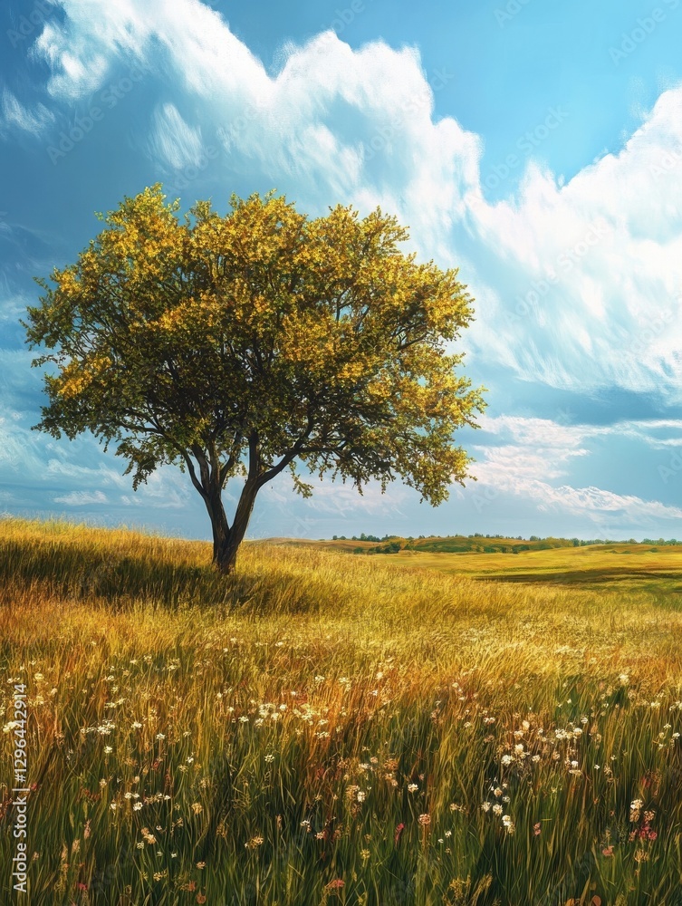 Fototapeta premium Nature scene with tree and field illustration