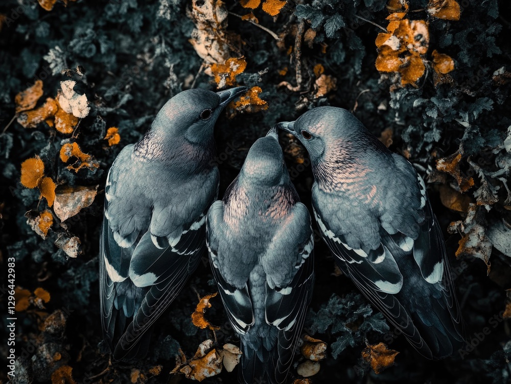Fototapeta premium Three pigeons huddled together on tree branches.