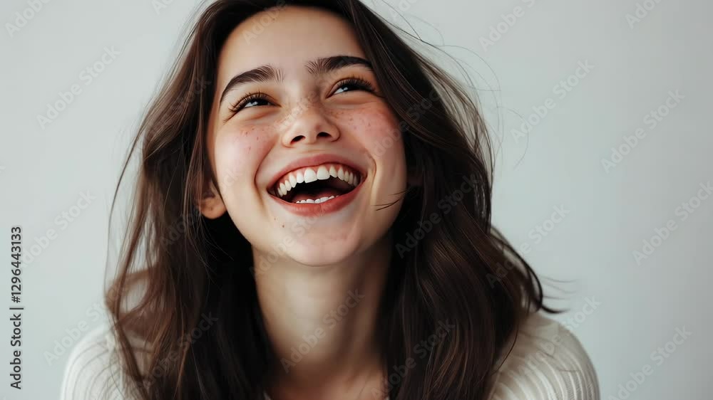 Young brunette woman with freckles laughing Young brunette woman with freckles laughing