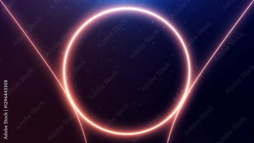 Fototapeta premium Luxury neon golden ceremony award background. Glowing circle with shiny particles and confetti ceremony intro. Futuristic energy light streak stage glitter animation.