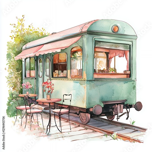 Charming Teal Train Car Cafe Watercolor Painting