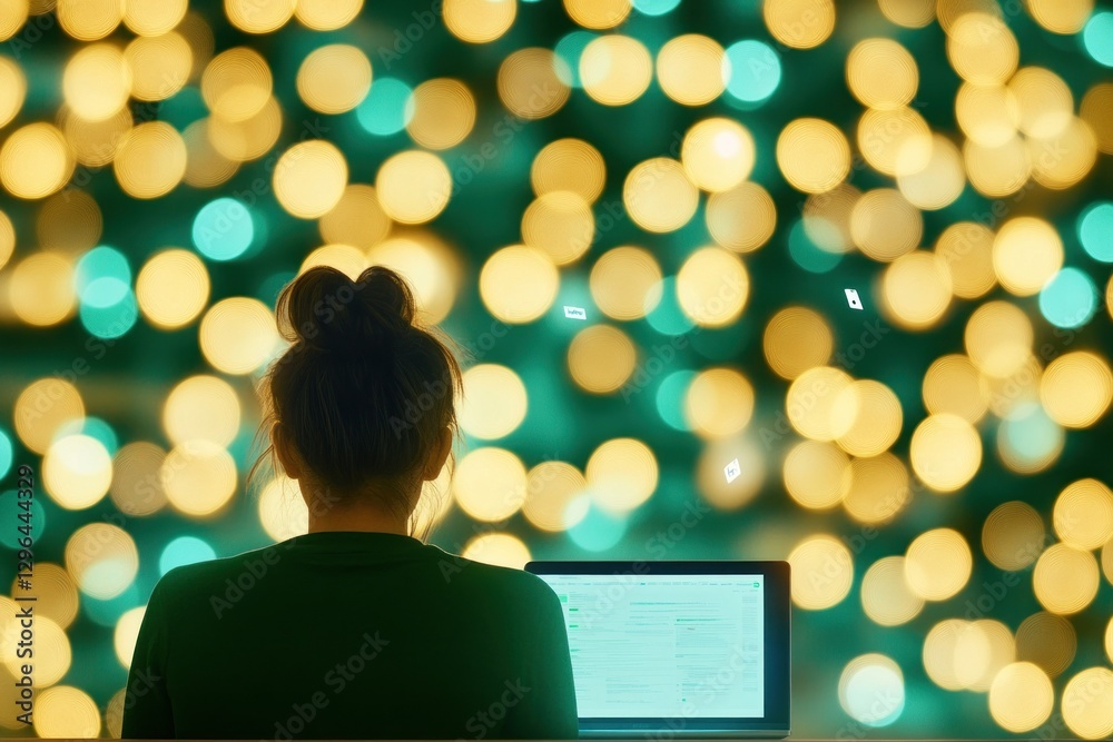 Silhouette Of A Woman Using Laptop With Lights Silhouette Of A Woman Using Laptop With Lights
