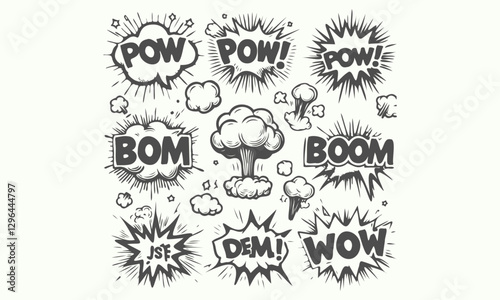02 Comic boom cartoon effect line element set. Comic speech bubble pow, boom text, explosive splash smoke, wow cartoon vector icon. Hand drawn sketch doodle explosive element. Vector illustration.