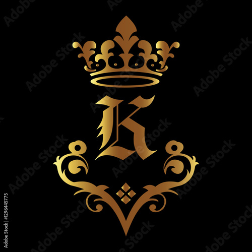 Elegant gold letter K with royal crown and intricate swirls on a dark luxurious background
