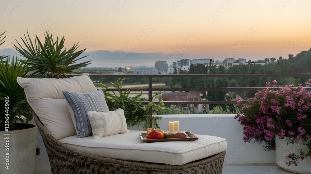 Fototapeta premium A comfortable lounge chair with plush cushions, placed on a balcony.