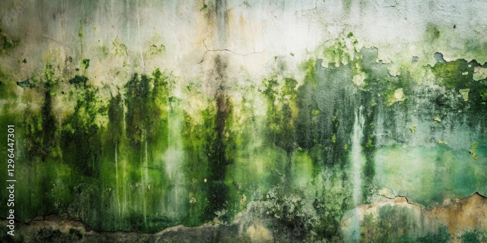 Obraz premium Abstract Green and Gray Weathered Wall Texture A Detailed Image of an Aged Surface with Flaking Paint and Moss