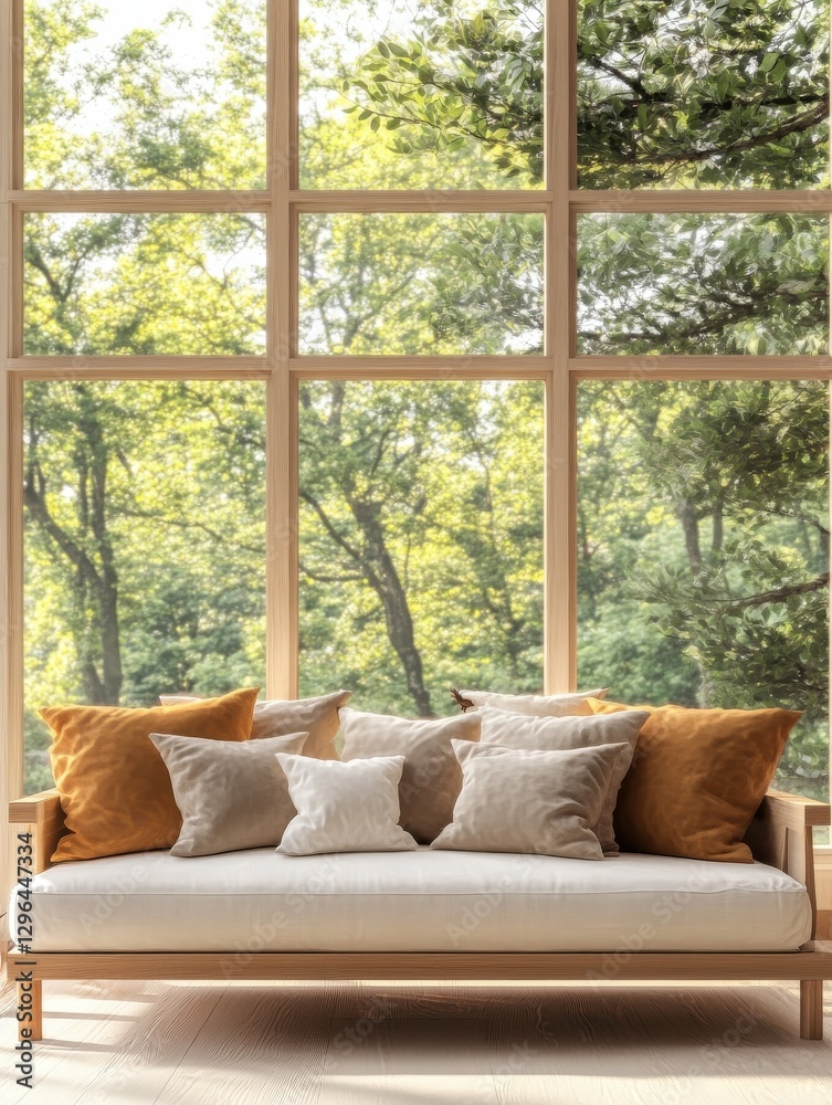Fototapeta premium Bright wooden sofa with pillows standing under big window