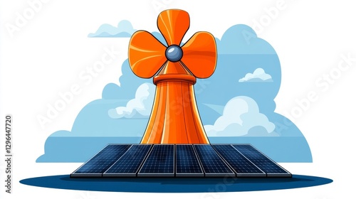 Orange Tower with Propeller Blades Atop Solar Panels Under Blue Sky Pixel Art photo