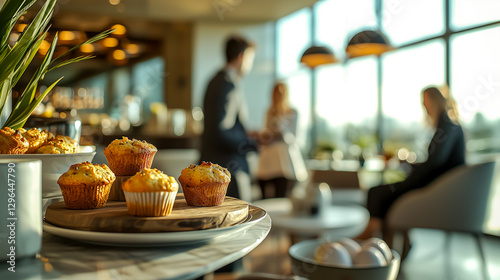 Breakfast buffet with muffins and eggs in a bright, upscale dining area. People are chatting in the background.