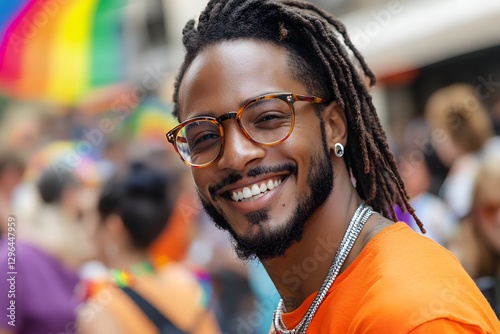 A handsome Black man with dreadlocks and glasses at the Pride parade, smiling for the camera, a colorful rainbow in the background, a crowd of people around him