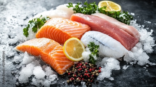 A variety of frozen fish fillets, including cod, salmon, and tilapia, displayed on a bed of crushed ice.
