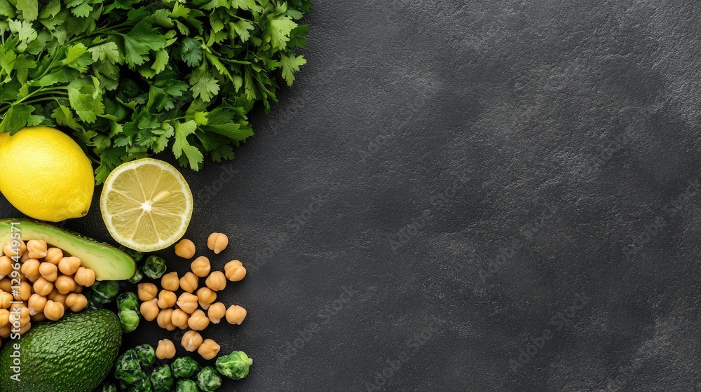 A flat lay of various vegetables, chickpeas, and avocados on a light gray concrete background with an empty wooden board in the center for displaying the salad. A flat lay of various vegetables, chickpeas, and avocados on a light gray concrete background with an empty wooden board in the center for displaying the salad.