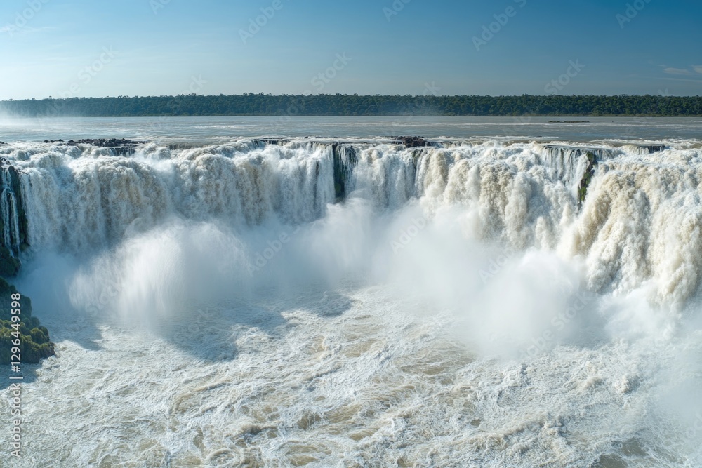 Aerial view of cascading waterfalls with dense greenery in the background.