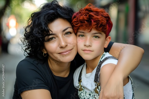 A mother and their nonbinary child hugging in the street