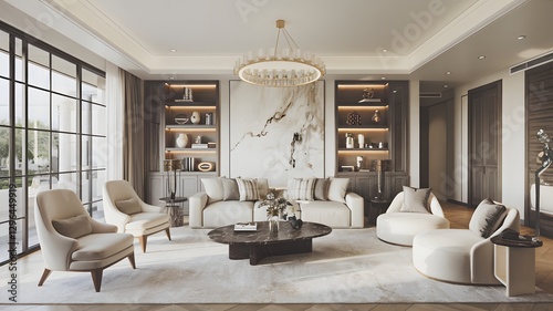 Spacious luxury living room with statement furniture, large windows, and bright lighting.