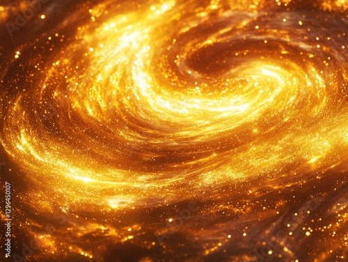 A swirling galaxy of gold and stars with a bright yellow background. The stars are scattered throughout the galaxy, creating a sense of movement and energy. Scene is one of wonder and awe
