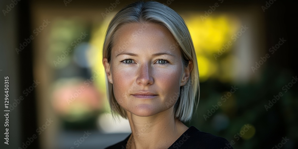 A woman with short blonde hair exudes confidence as she stands in an outdoor setting surrounded by lush greenery. Warm, soft lighting enhances the peaceful atmosphere of the moment A woman with short blonde hair exudes confidence as she stands in an outdoor setting surrounded by lush greenery. Warm, soft lighting enhances the peaceful atmosphere of the moment