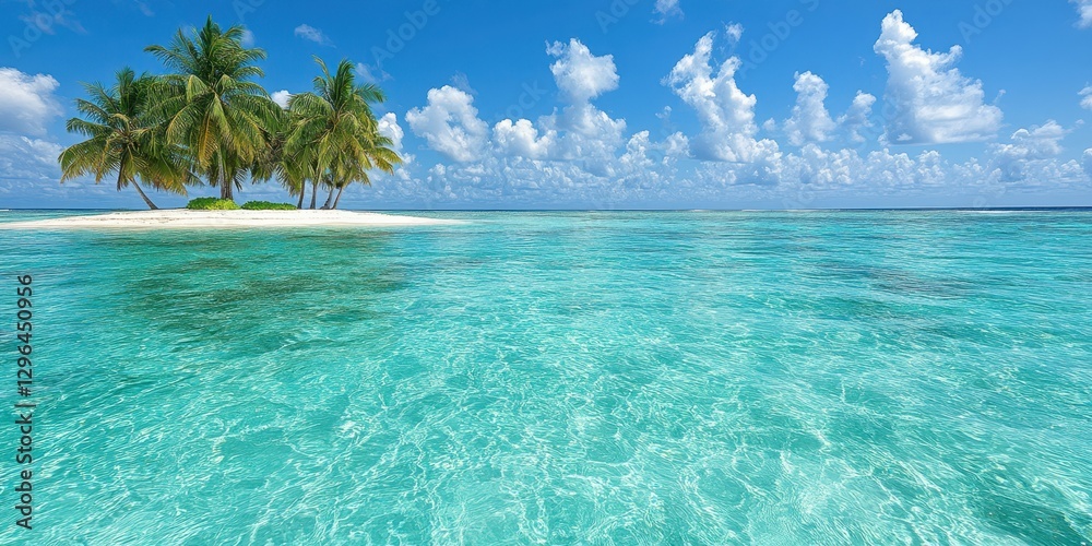 Fototapeta premium Bright turquoise waters gently lap against a small sandy island adorned with palm trees under a clear blue sky. The tropical paradise invites relaxation and adventure