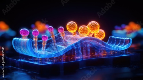 A vibrant and colorful close-up of a bioelectronic system consisting of green and blue light-emitting bacteria engineered to glow with various colors. photo