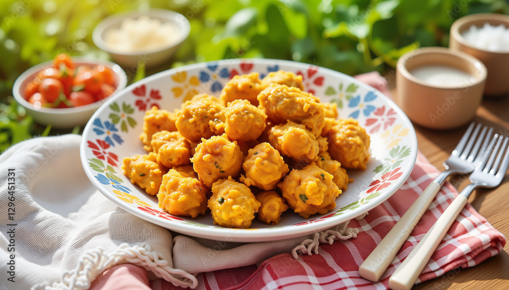 Vibrant Aloo Gobi served on patterned plate in bright picnic setting, food styling Vibrant Aloo Gobi served on patterned plate in bright picnic setting, food styling